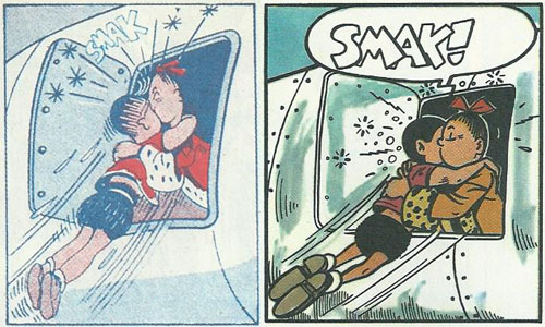 Suske en Wiske gaven elkaar al in 1946 een kus op de mond