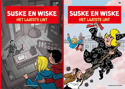 De afgekeurde en uiteindelijke cover van Suske en Wiske 384 Het laatste lint
